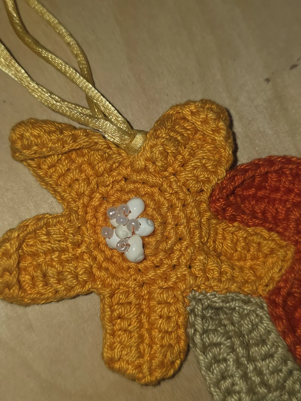 Handmade Crochet Flower Necklace in Mustard, Orange & Taupe